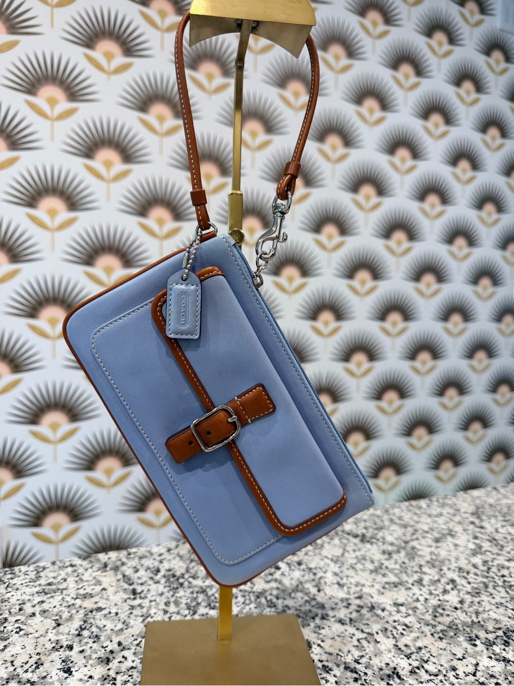Coach Light Blue Pebbled Leather Wristlet with Saddle Brown Trim